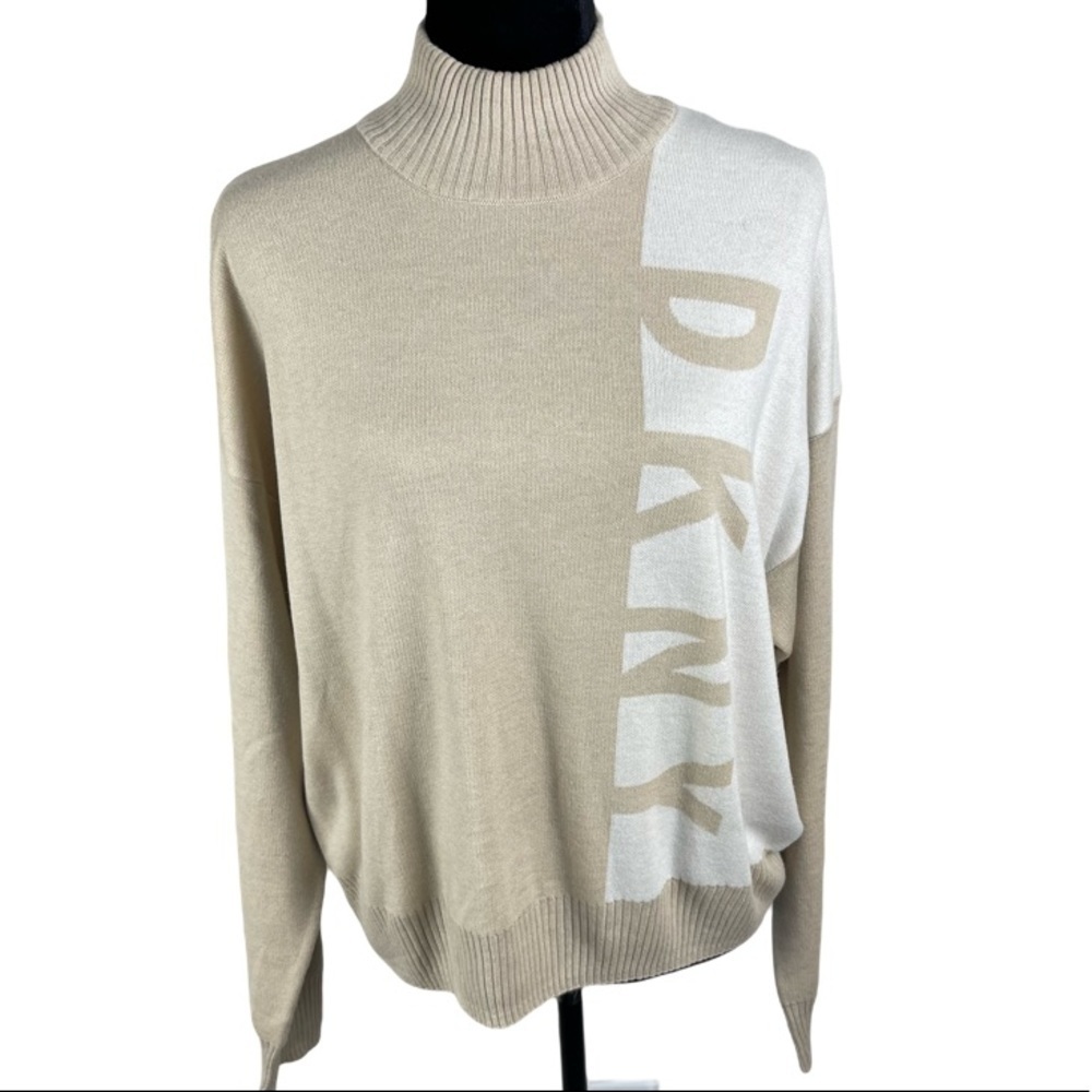 ✅ DKNY Woman’s Ivory/Cream Long Puff Sleeve Turtleneck Pullover Sweater XL